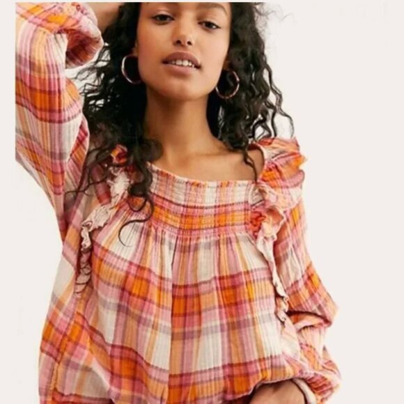 Free People Tea Combo Sienna Plaid Ruffle Blouse Multi XS - Picture 2 of 14